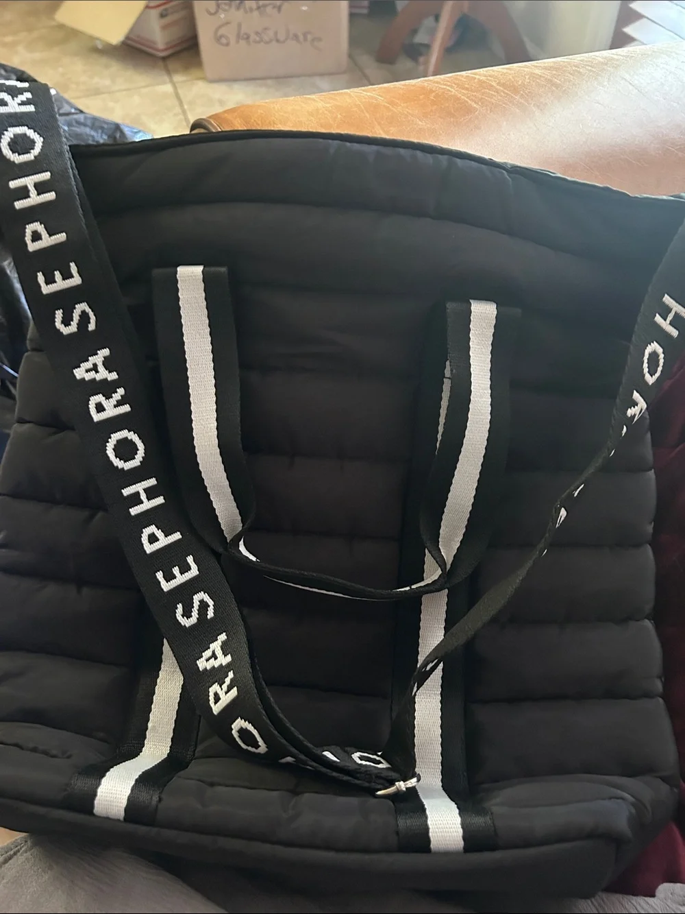 Sephora Black Quilted Tote with White Logo Straps
